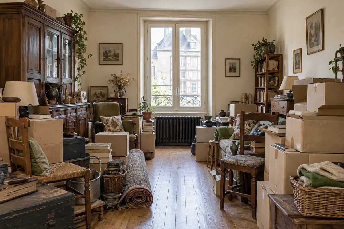 La même pièce avant débarras, occupée par des meubles, cartons et objets.