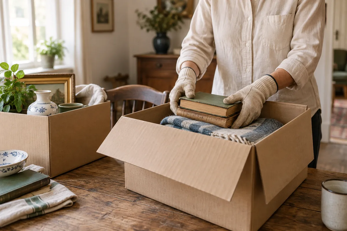 Des mains gantées rangent soigneusement des livres et objets dans des cartons de tri.